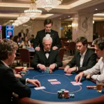 FC88 poker players strategizing in an upscale casino setting, vibrant atmosphere and luxury decor