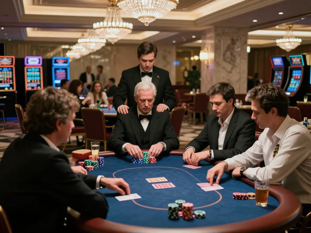 FC88 poker players strategizing in an upscale casino setting, vibrant atmosphere and luxury decor