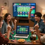 Friends gathered around a laptop for an SBOBET88 betting session, celebrating wins in a lively gaming atmosphere.