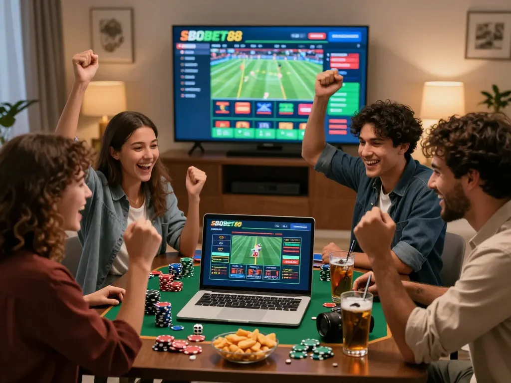 Friends gathered around a laptop for an SBOBET88 betting session, celebrating wins in a lively gaming atmosphere.