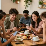 Chatting in شات فلسطين at a lively café with friends, showcasing vibrant social interaction.