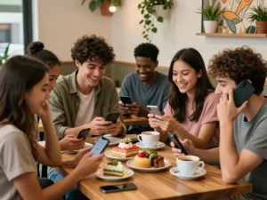 Chatting in شات فلسطين at a lively café with friends, showcasing vibrant social interaction.