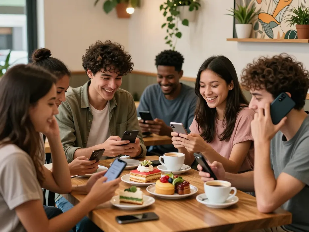 Chatting in شات فلسطين at a lively café with friends, showcasing vibrant social interaction.
