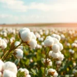 Katoenplanten in een zonnige velden met bloeiende katoenbollen in de voorgrond.