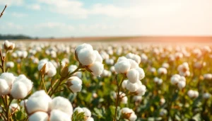 Katoenplanten in een zonnige velden met bloeiende katoenbollen in de voorgrond.