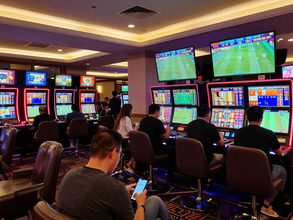 Engaging in kèo nhà cái betting strategies at a busy sports betting section of a casino.