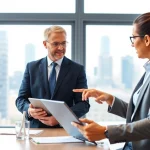 A lawyer collaborates with an Seo company for lawyers in a modern office setting.