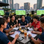 Friends enjoying Judi Bola betting, surrounded by live match updates and urban excitement.