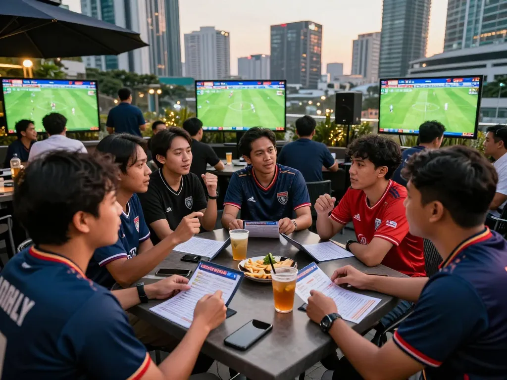 Friends enjoying Judi Bola betting, surrounded by live match updates and urban excitement.