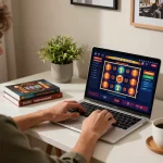 Player engaging with LV88 online casino on a laptop in a cozy home setting.