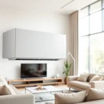 Showcasing Mitsubishi mini split AC in a stylish modern living room, highlighting its sleek design.