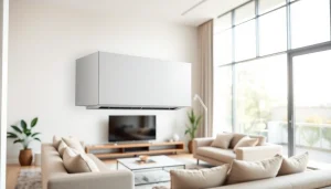 Showcasing Mitsubishi mini split AC in a stylish modern living room, highlighting its sleek design.