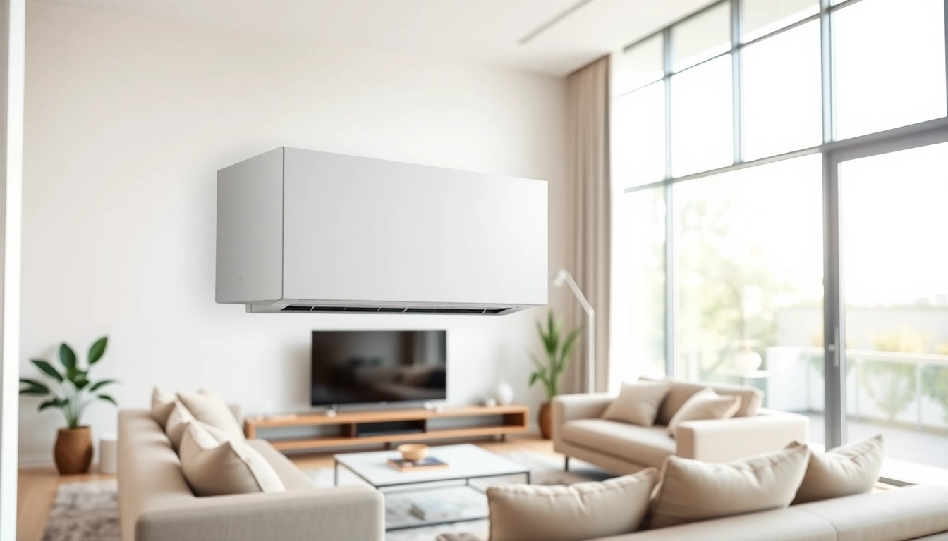 Showcasing Mitsubishi mini split AC in a stylish modern living room, highlighting its sleek design.