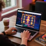 Enjoying thrilling luck8 online slots experience on a laptop in a cozy home setting.