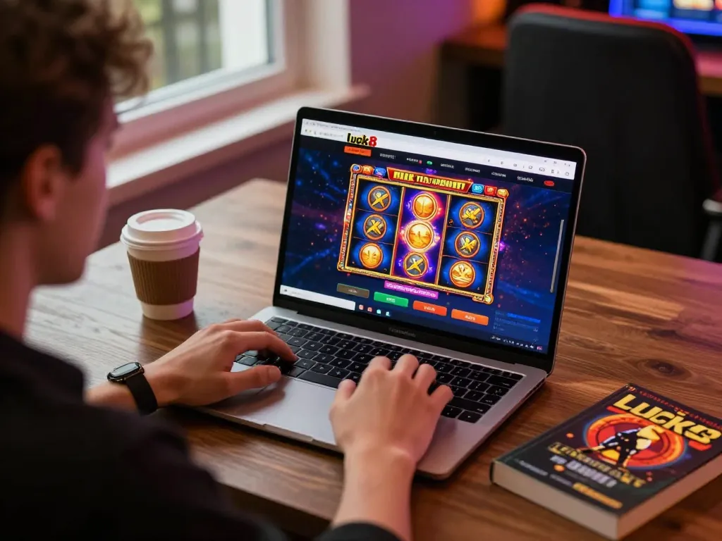 Enjoying thrilling luck8 online slots experience on a laptop in a cozy home setting.