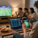 Betting on sports through the MB66 app in a cozy living room, showcasing excitement and strategy.