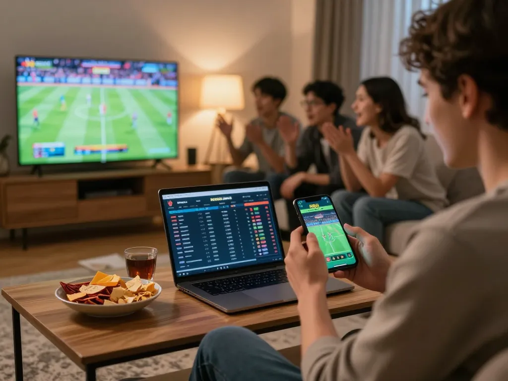 Betting on sports through the MB66 app in a cozy living room, showcasing excitement and strategy.