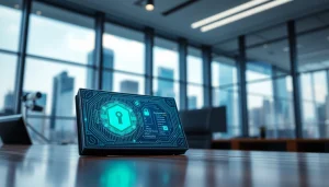 Showcasing a Crypto Wallet with security symbols in a vibrant, modern office environment.