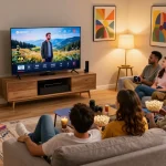 Group enjoying IPTV deutschland content in a cozy living room with a vibrant atmosphere.