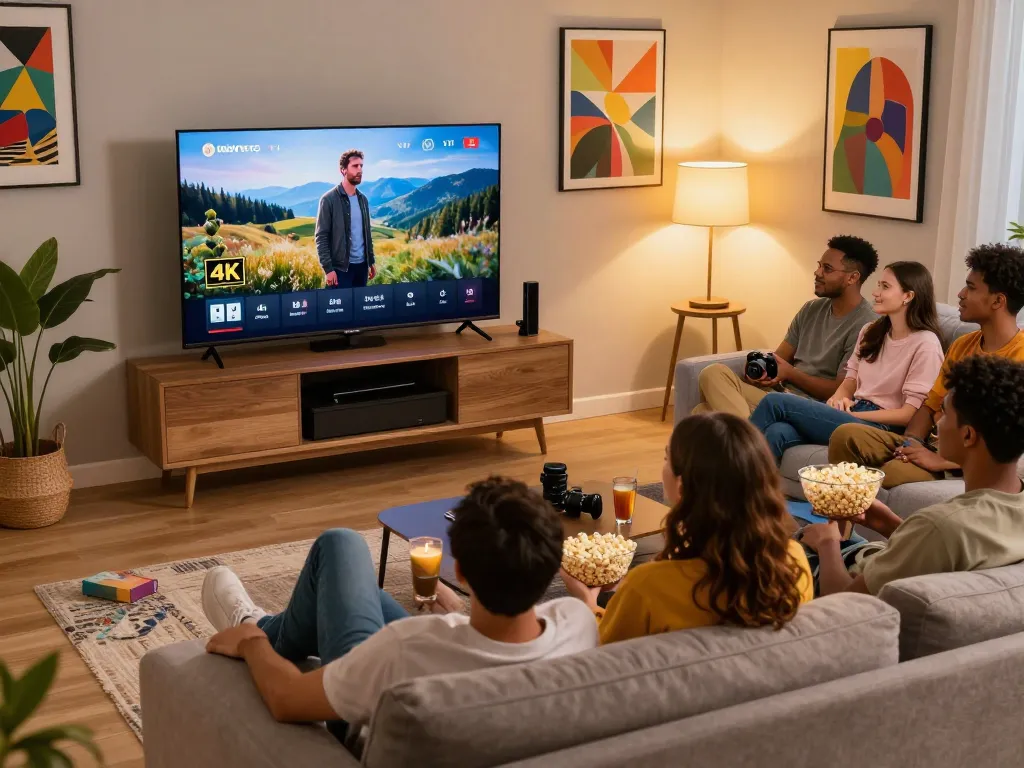 Group enjoying IPTV deutschland content in a cozy living room with a vibrant atmosphere.