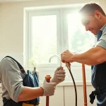 Whole house repiping services St Petersburg FL performed by a professional plumber in a modern kitchen.