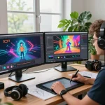 Dynamic creative studio with artist working on mind control ai video content, dual screens displaying animations and reference materials.