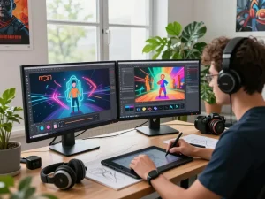 Dynamic creative studio with artist working on mind control ai video content, dual screens displaying animations and reference materials.