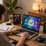 Engaging scene of nổ hũ đổi thưởng gameplay on a laptop showcasing colorful graphics and a strategic home office setup