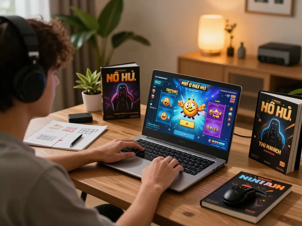 Engaging scene of nổ hũ đổi thưởng gameplay on a laptop showcasing colorful graphics and a strategic home office setup