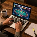 Tham gia cược trực tuyến qua Link 12bet trên một thiết lập chơi game tại nhà với bàn dealer trực tiếp.