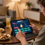 Pengguna SBOBET88 menikmati taruhan olahraga online di tablet dalam pengaturan rumah yang nyaman dengan camilan.