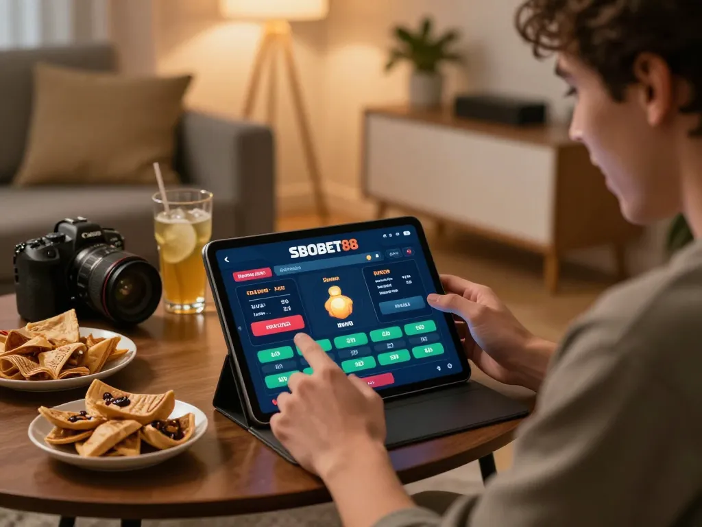 Pengguna SBOBET88 menikmati taruhan olahraga online di tablet dalam pengaturan rumah yang nyaman dengan camilan.
