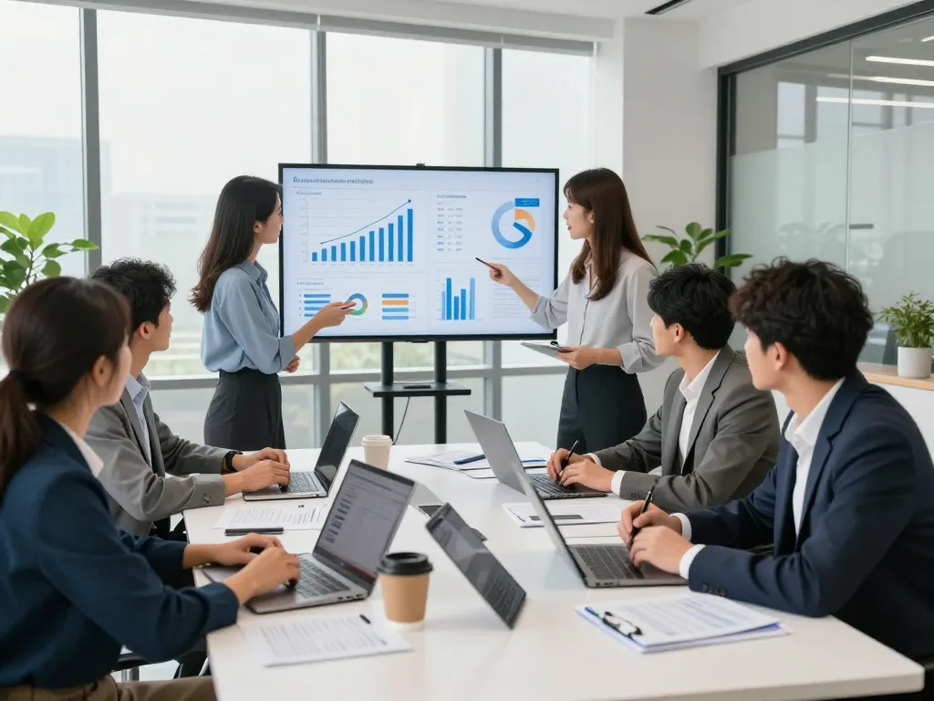 Dynamic team discussing temporary staffing agencies solutions in modern office setting.
