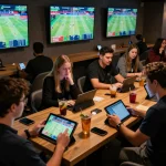 Penggemar sportsbook SBOBET88 menganalisis peluang taruhan di suasana lounge yang mewah
