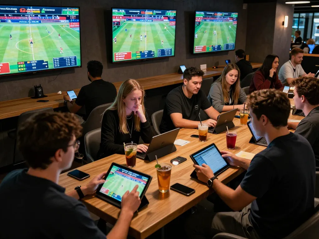 Penggemar sportsbook SBOBET88 menganalisis peluang taruhan di suasana lounge yang mewah