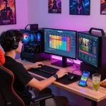 Hasil undian lotere HK Malam Ini ditampilkan dalam pengaturan permainan modern dengan seorang gamer yang antusias.
