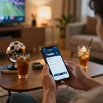 Xoilac sports betting displayed on smartphone, person strategizing in cozy home environment.