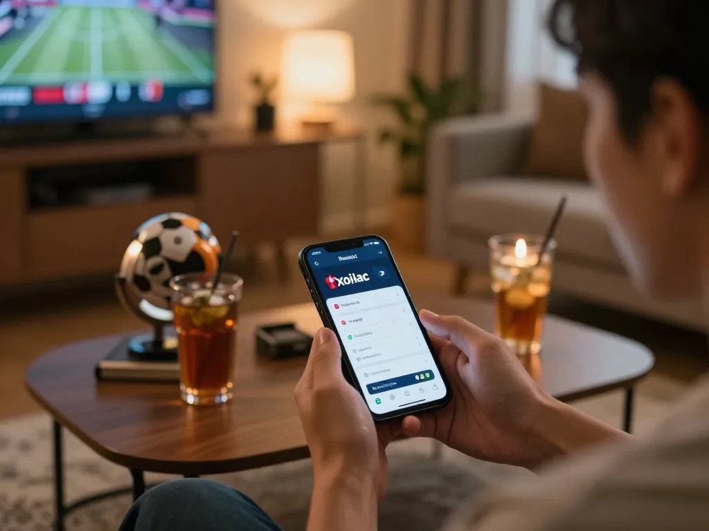 Xoilac sports betting displayed on smartphone, person strategizing in cozy home environment.