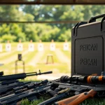 Shop the pelican gun case for sale, featured prominently with firearms in a captivating outdoor setting.