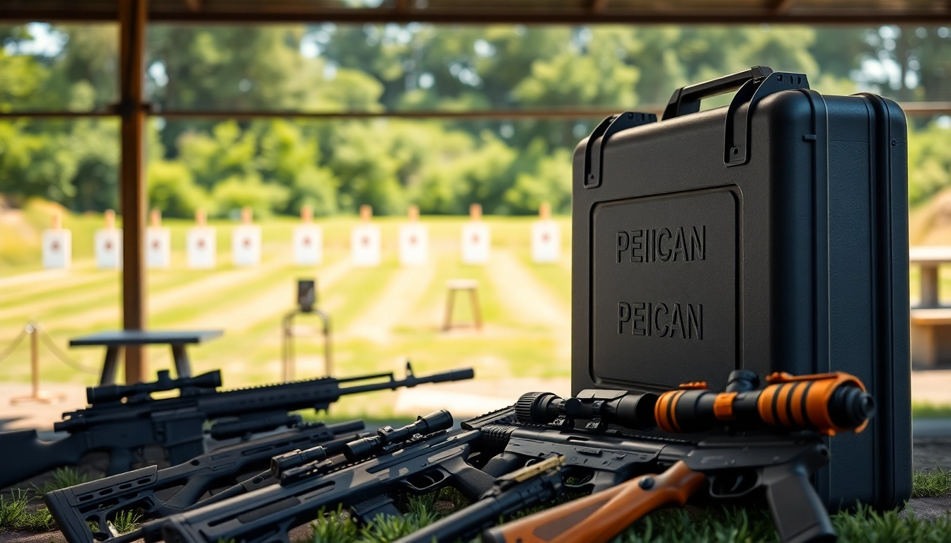 Shop the pelican gun case for sale, featured prominently with firearms in a captivating outdoor setting.