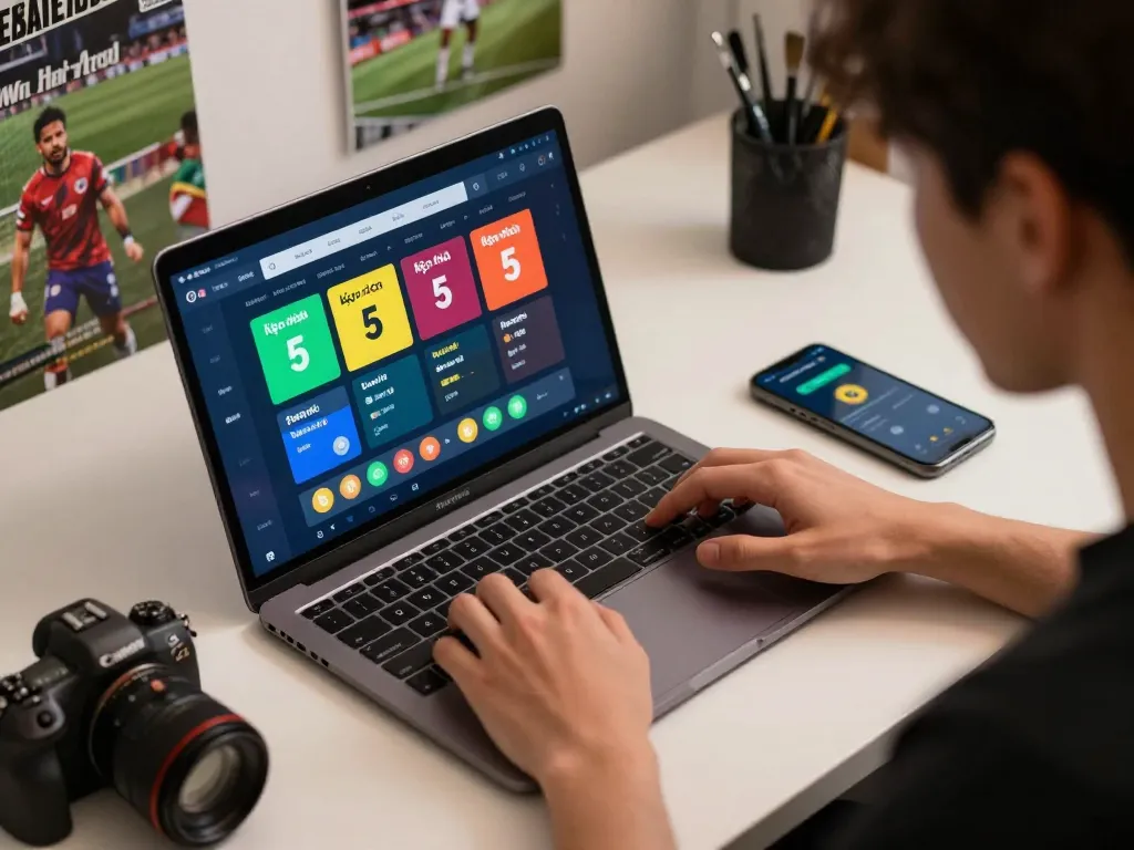 Engaging in kèo nhà cái 5 betting, a player checks online sports updates on laptop.