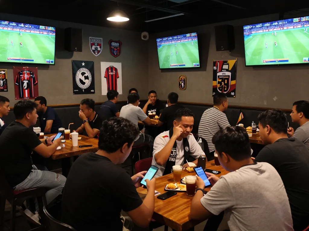 Penggemar merayakan selama pertandingan sepak bola langsung sambil memasang taruhan Judi Bola di smartphone mereka di bar olahraga.