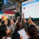 Undian Togel Hongkong langsung yang menangkap kegembiraan HK Malam Ini di sebuah pasar luar ruangan yang vibrant.