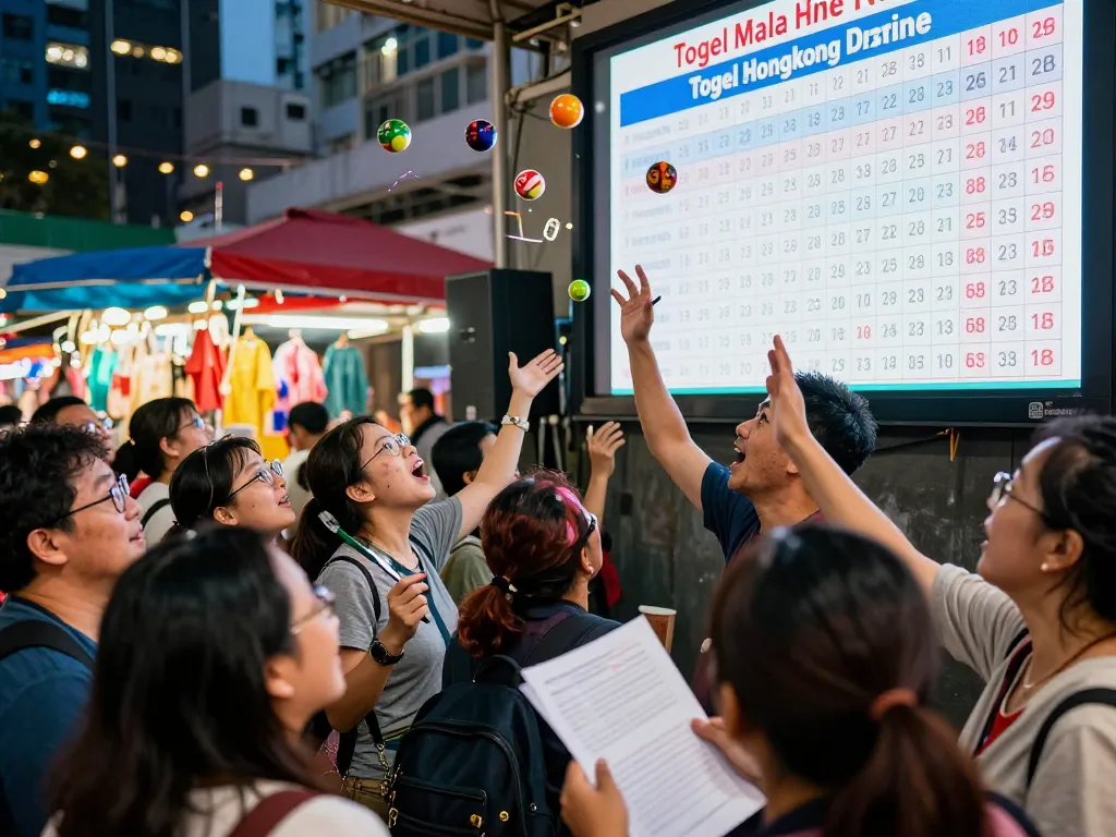 Undian Togel Hongkong langsung yang menangkap kegembiraan HK Malam Ini di sebuah pasar luar ruangan yang vibrant.