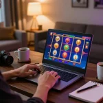 Engaging online gaming experience at nhà cái F168 featuring vibrant slot graphics on laptop.