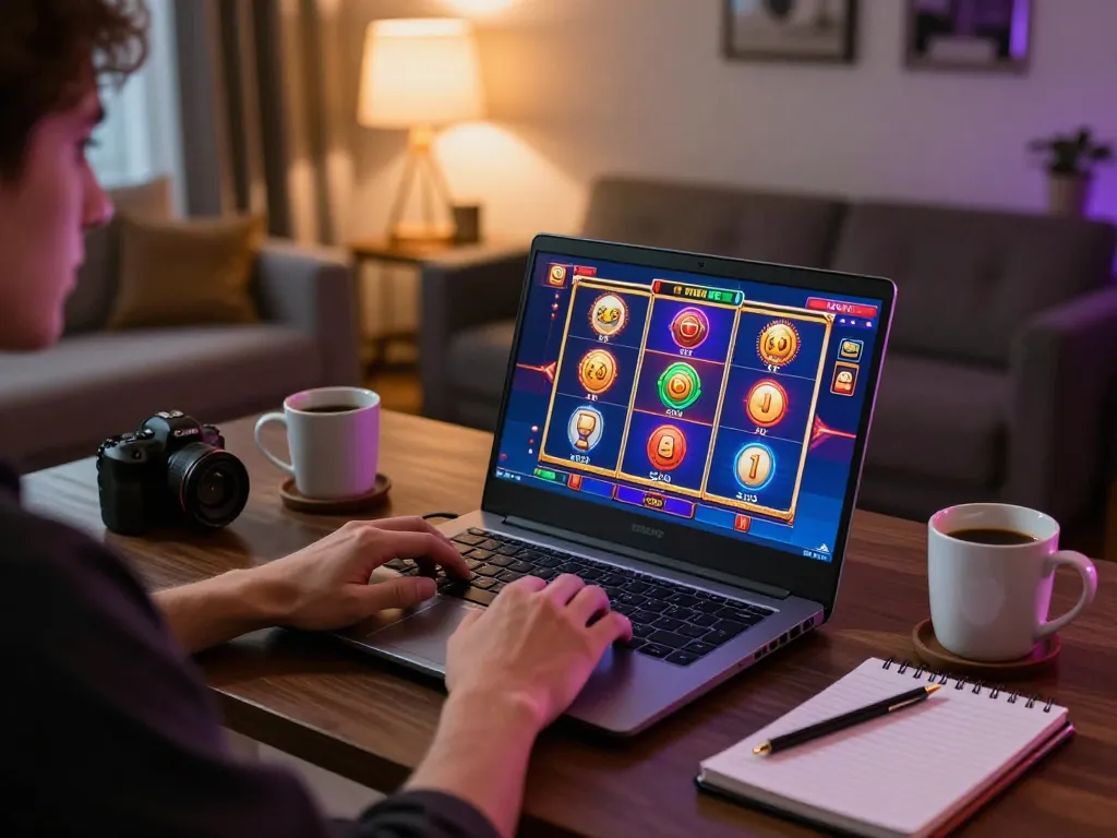 Engaging online gaming experience at nhà cái F168 featuring vibrant slot graphics on laptop.