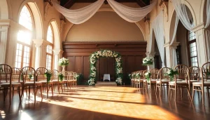 Showcase the Best Wedding Venue Jacksonville with an elegant setup featuring floral arrangements and exquisite seating.