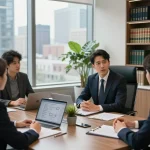 Business incorporation lawyer Ontario discusses legal strategies with entrepreneurs in a modern office setting.