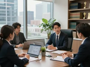 Business incorporation lawyer Ontario discusses legal strategies with entrepreneurs in a modern office setting.