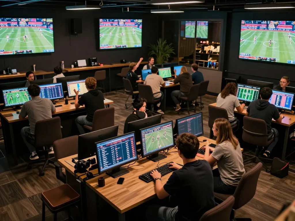 SOCOLIVE offers an engaging sports betting experience with screens showing live matches and excited bettors analyzing odds.